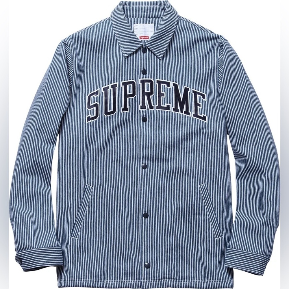 Supreme Men's Striped Jacket - Denim Coach Jacket Navy Blue and White